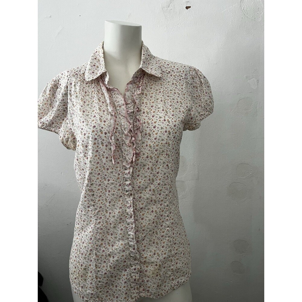 Womens Floral Top L Ditsy Cottage Core Ruffles Dainty Ranch Hippie Boho Stains